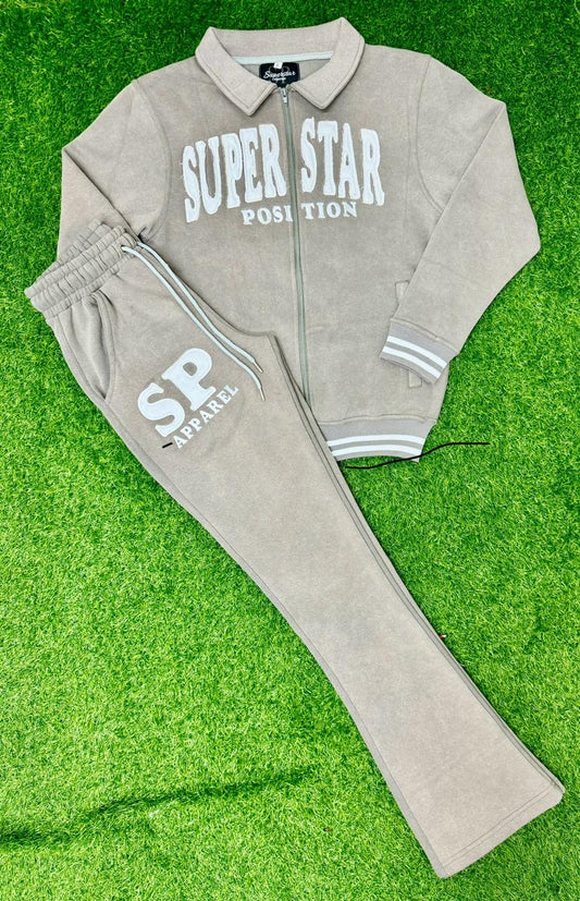 (New) Grey and White acid wash collared full zipper sweatsuit
